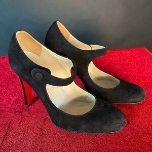 Authentic Christian Louboutin Black Suede Mary Jane High Heel Pumps 37 6.5/7